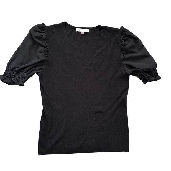 Sioni Milano Black V-Neck Top with Sheer Short Sleeves medium - Picture 2 of 5